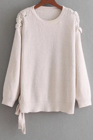 Stylish Plain Round Neck Long Sleeve Tie Side Pullover Sweater
