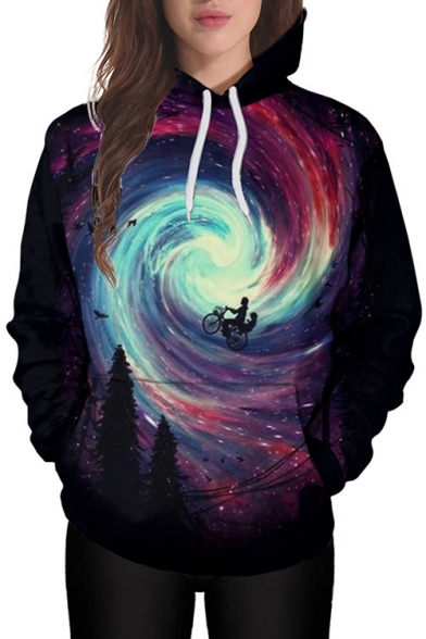 Trendy Spiral Galaxy Biker Forest Printed Long Sleeves Pullover Hoodie with Pocket