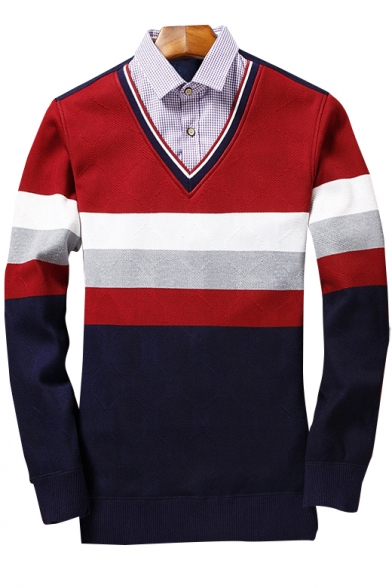 Winter Fashion Color Block Striped Pattern V-Neck Long Sleeves Pullover Sweater