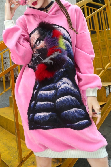 Adorable Cat in Winter Pattern Long Sleeves Midi Hooded Dress with Ears & Pompons