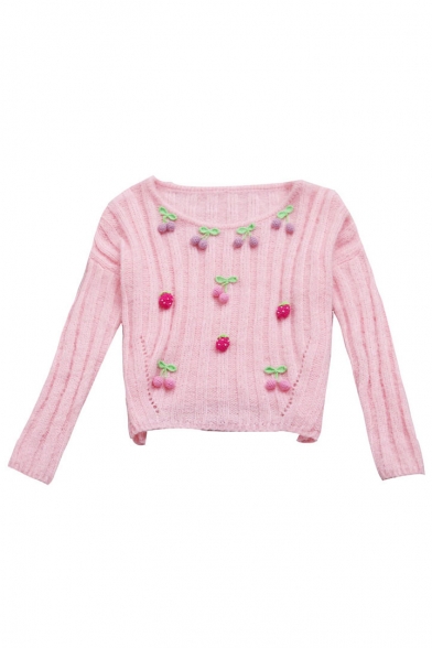 Adorable Cherries Strawberries Embellished Long Sleeves Round Neck Ribbed Pullover Sweater