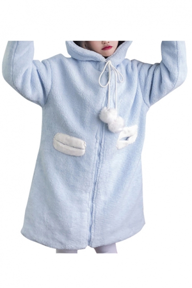Adorable Long Sleeves Fluffy Faux Fur Zip-up Coat with Rabbit Ears Hood