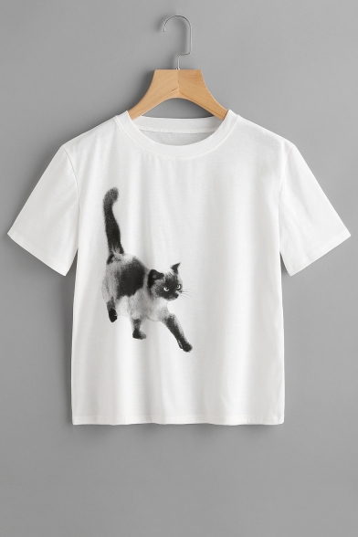 Adorable Simple Cat Pattern Round Neck Short Sleeves Pullover T-shirt