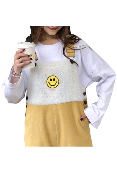 Childish Smiley Face Pattern Fur Patchwork Contrast Trimmed Wide Leg Overall Pants