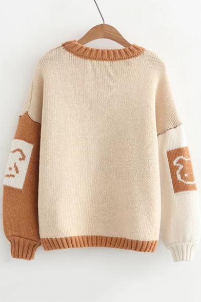 Color Block Cartoon Bear Print Long Sleeve Round Neck Pullover Sweater