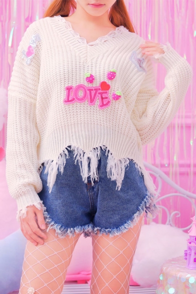 Cute Letter Applique V-Neck Long Sleeves Ripped Tassel Hem Knitted Pullover Sweater