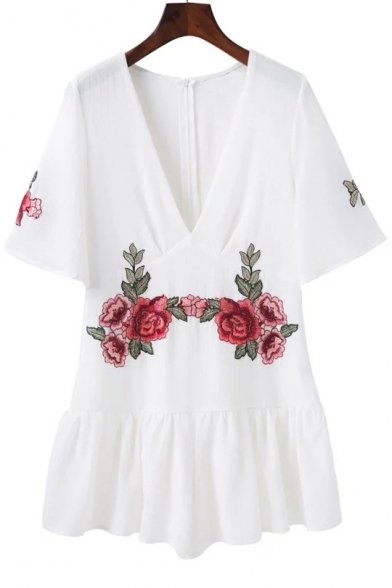 Fancy Floral Embroidered V-Neck Short Bell Sleeves Pleated Culotte Zip-Back Romper