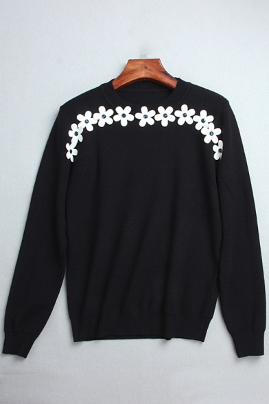 Fashion Floral Diamante Pattern Long Sleeve Round Neck Pullover Sweater