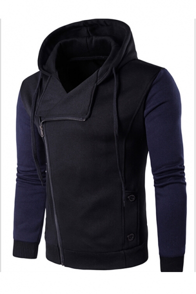 Fashionable Color Block Long Sleeves Casual Sports Zip-up Hoodie with Pockets