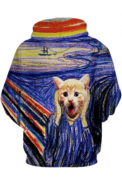 Fashionable Screaming Cat Oil-Painting Printed Long Sleeves Pullover Hoodie with Pocket