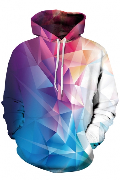 Ombre Geometric Pattern Color Block Long Sleeves Pullover Hoodie with Pocket