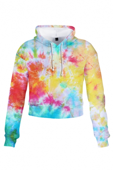 Pop Ombre Tie Dye Long Sleeves Loose Leisure Cropped Hoodie with Drawstring