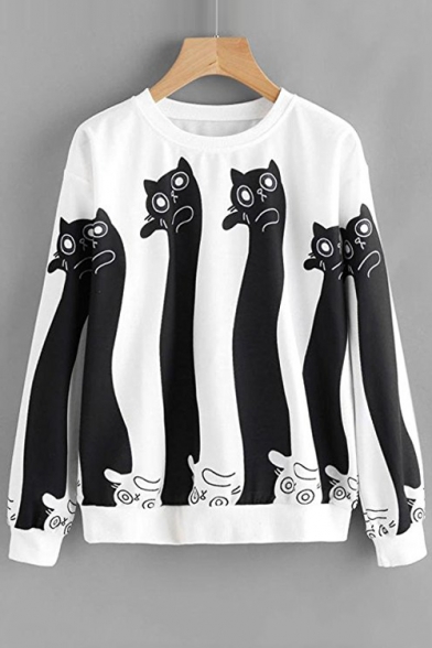 Popular Cats Pattern Round Neck Long Sleeves Pullover Monochrome Sweatshirt