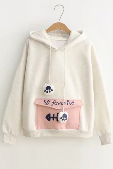 Simple Letter Fish Bone Printed Pullover Hoodie with Envelope Pocket & Paws Drawstring