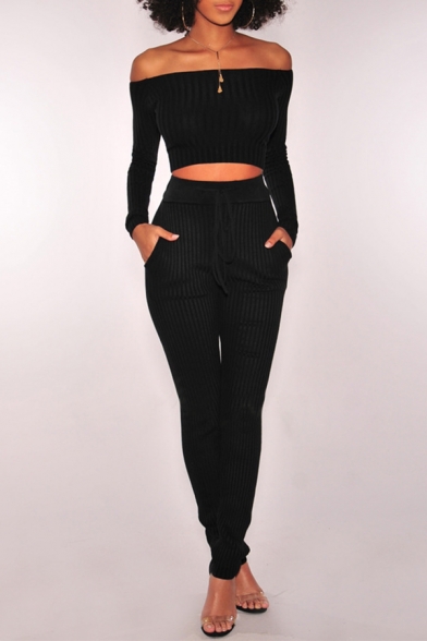 Simple Plain Off The Shoulder Long Sleeve Skinny Sports Co-ords