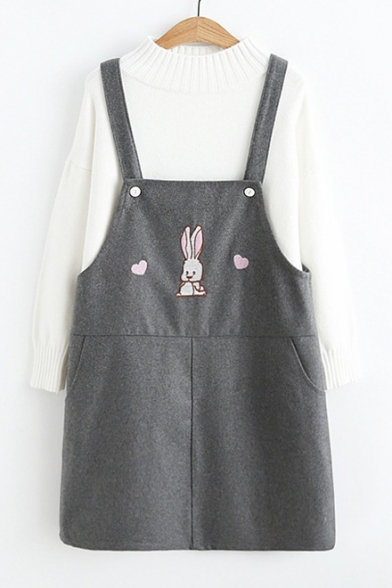 Adorable Rabbit Sweetheart Embroidery Mini Overall Dress with Pockets