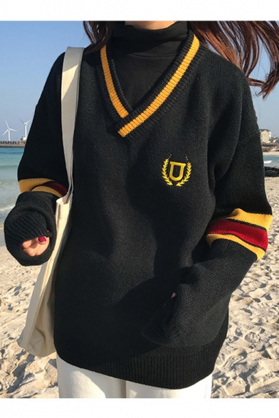 Casual V-Neck Long Sleeves Striped Pullover Sweater with Embroidery