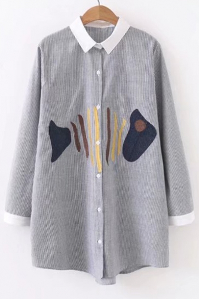 Chic Fish Bone Striped Pattern Contrast Lapel Long Sleeve Single Breasted Tunic Shirt