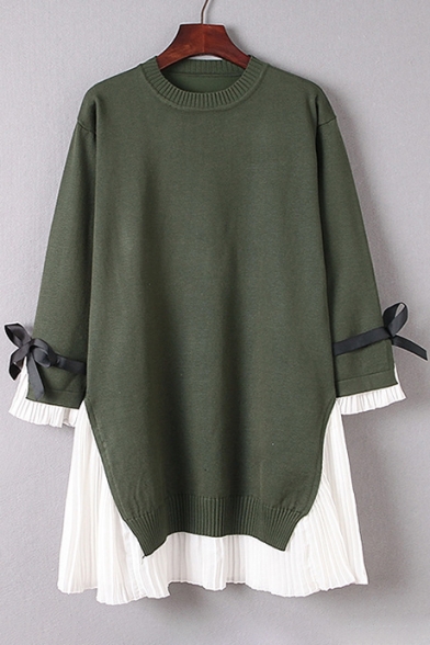 Color Block Panel Round Neck Long Sleeve Sweater Mini Dress
