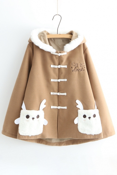 Cute Cartoon Letter Embroidered Long Sleeve Hooded Coat