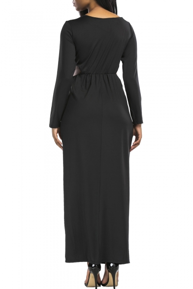 Elegant Long Sleeves V-Neck Cutout Waist Split Hem Wrap Maxi Plain Dress