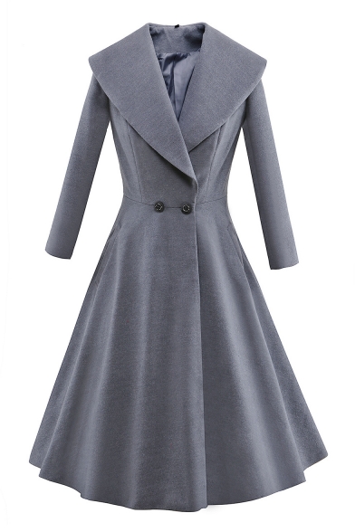 Fashionable Simple Plain Collared Long Sleeve Double Buttons Tunic Coat