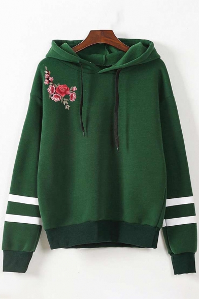 Fancy Floral Embroidered Striped Long Sleeves Pullover Loose Hoodie