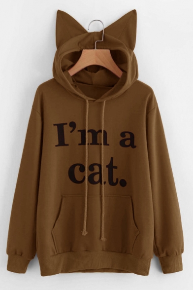 Fashionable Letter Printed Cat Ears Hoodie with Pockets & Drawstring