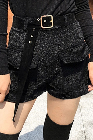Fashionable Mid-Waist Front-Pockets Belted Loose Shorts