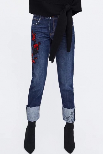 Floral Embroidered Zip Fly Turn Up Jeans