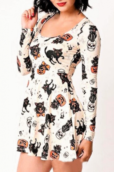 Halloween Style Cat Pumpkin Pattern Scoop Neck Long Sleeves A-line Mini Dress