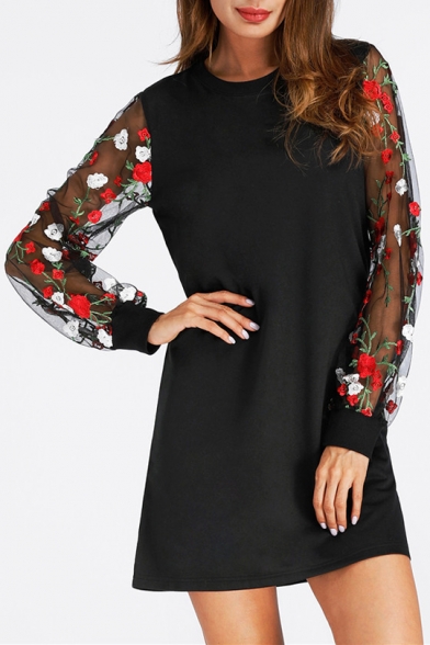 Ladylike Floral Pattern Long Sheer Sleeves Patchwork Round Neck Shift Mini Dress