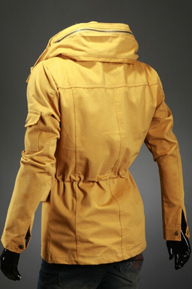 Popular Plain Long Sleeves Zippered Utility Jacket with Pockets & Drawstrings