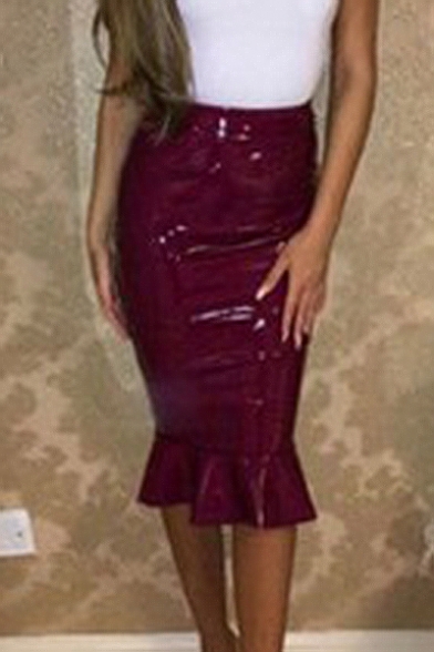 Sexy Simple Plain Ruffle Hem Bodycon Midi Skirt