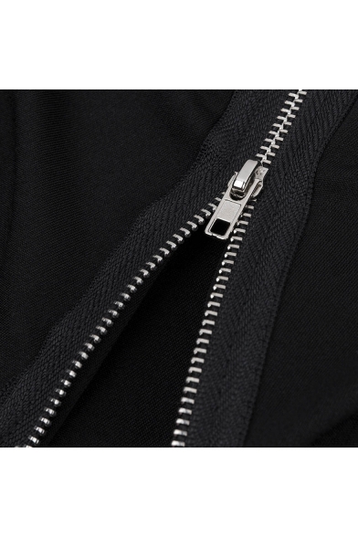 Simple Plain Asymmetric Hem Zippered Long Sleeve Loose Tunic Hoodie