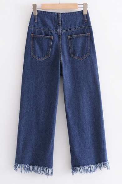 Simple Plain Raw Hem Zip Up High Waist Wide Leg Jeans