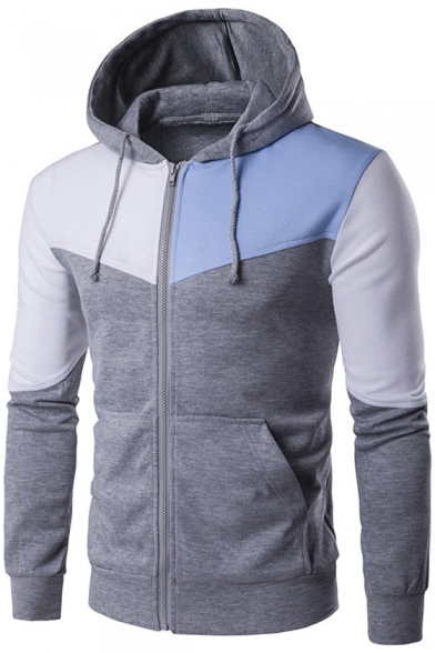 Sportive Color Block Long Sleeves Zippered Hoodie with Pockets