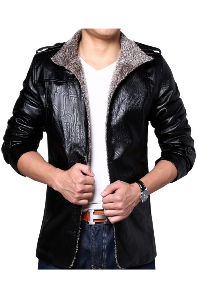 Stylish Stand Collar Single Breasted Long Sleeve Plain Leather Jacket