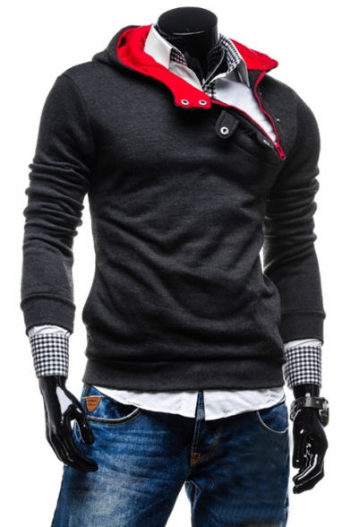 Stylish Zipper-Front Long Sleeves Pullover Slim-Fit Hoodie with Buttons