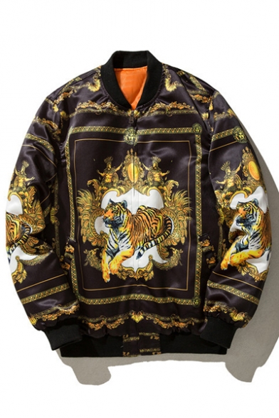 Trendy Tiger Pattern Long Sleeves Baroque Zippered Bomber Jacket