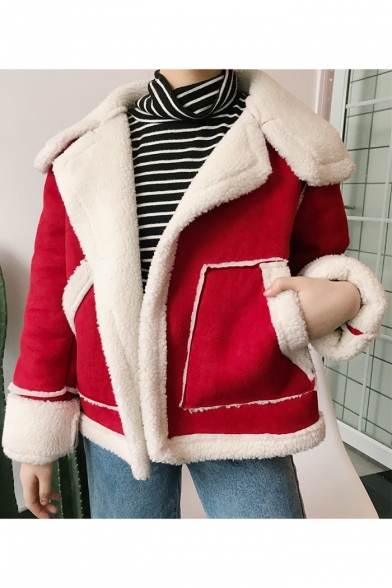 Winter Collection Notched Lapel Open Front Shearling Fur Padded Long Sleeves Coat with Pockets