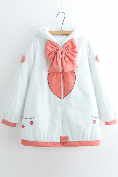 Adorable Bow Zippered Color Block Long Sleeve Hooded Padded Coat