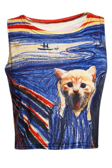 Amazing Screaming Cat Oil-Painting Printed Round Neck Sleeveless Cropped Tank Top