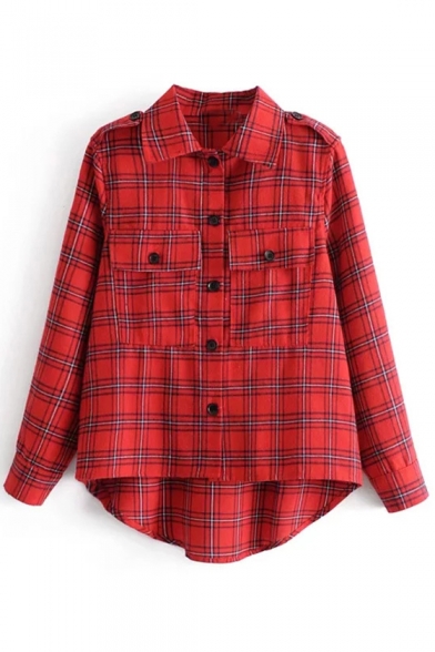 Chic Plaid Bow Front Raw Hem Short Sleeve Pullover Blouse