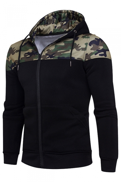 Fashion Color Block Camouflage Print Long Sleeve Zipper Hoodie