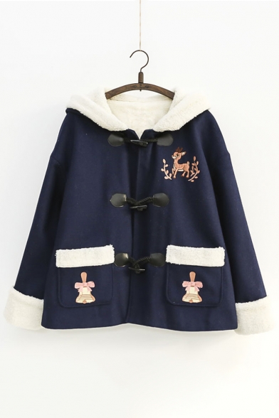 Fashion Embroidery Deer Bell Pattern Long Sleeve Hooded Coat
