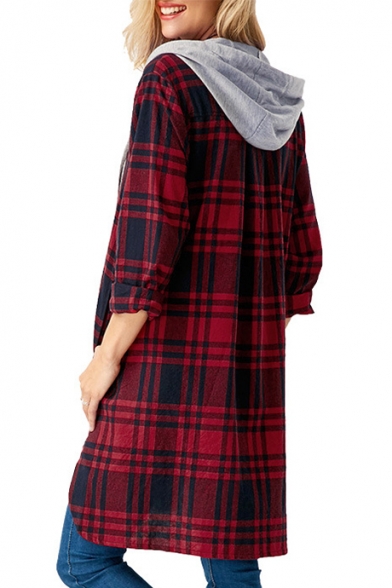 Fashion Plaid Contrast Hooded Long Sleeve Buttons Down Tunic Shirt