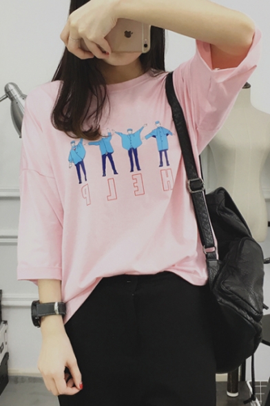 Funny Cartoon Persons Pattern Round Neck 3/4 Length Sleeve Fashion Tee