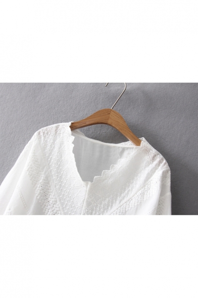 Ladylike V-Neck 3/4 Sleeves Lace Panel Hollow-out Plain Loose Blouse