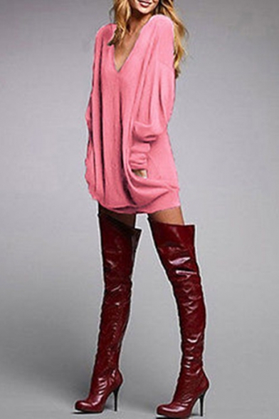 Leisure V-Neck Long Sleeves Draped Front Loose Over-Sized Mini T-shirt Dress